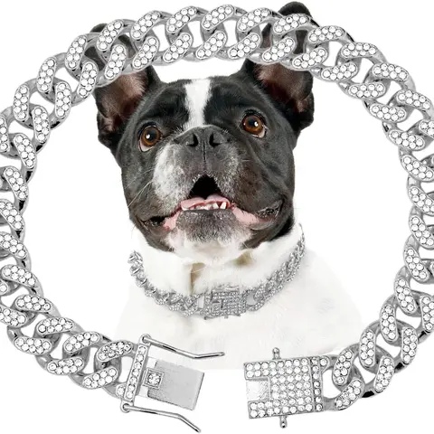 16in Rust-Resist Metal Dog Collar - Elegant Silver, 13mm Wide Diamond Cuban Link, Strong, Practical Hip Hop Pet Jewelry Accessory, Secure Wear for Dogs, Ideal for Traveling, All Seasons, Birthdays/Christmas Gifts