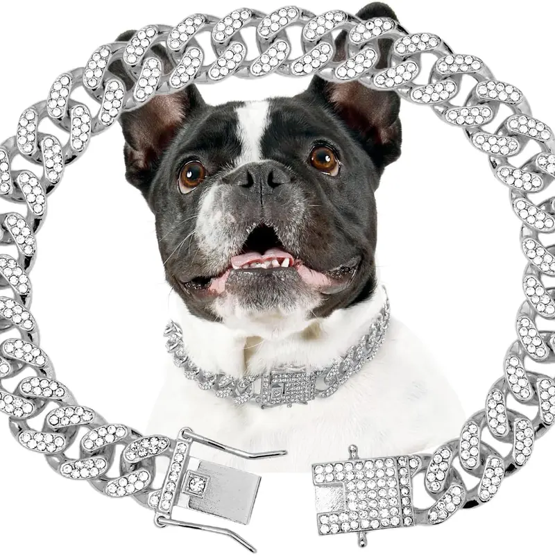 16in Rust-Resist Metal Dog Collar - Elegant Silver, 13mm Wide Diamond Cuban Link, Strong, Practical Hip Hop Pet Jewelry Accessory, Secure Wear for Dogs, Ideal for Traveling, All Seasons, Birthdays/Christmas Gifts