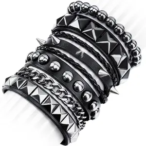 Studded Punk Bracelet Set for Men Women Spike Cuff Leather Wristband Black (4 Pcs)