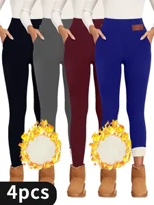 4pcs Women'S High-Waisted,Stretchy Winter Leggings ,Casual, Long-Length, Knit Fabric,  Elastic Waistband,,Casual Wear,Casual Leggings,Stretchy Fabric