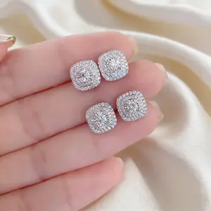 Elegant micro-inlaid white zirconia stud earrings, suitable for women, vintage style, ultra-bright fully inlaid square earrings