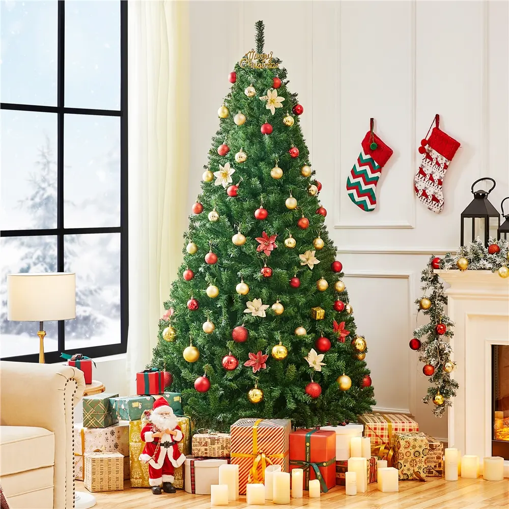 Costoffs Multi-Size PVC Pre-Lit Artificial Christmas Tree - 4.5/6/7.5/9FT, Kid Friendly, 33.7 lb, Multicolored LED Lights, Hinged Fir Tree with Foldable Metal Stand for Holiday Home Decor