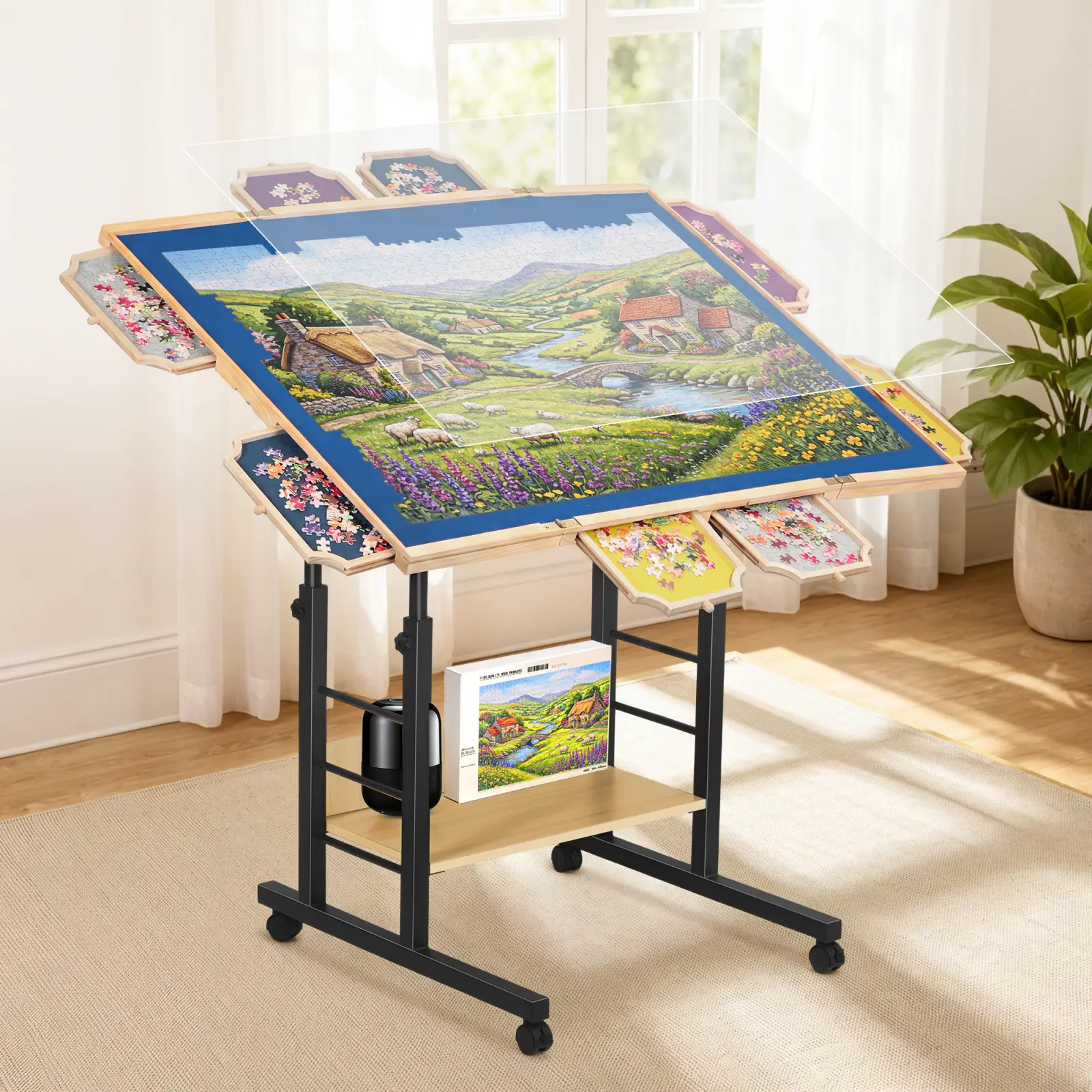 Puzzle Table with 360° Rotating Turntable, 1500-2000 Piece Wooden Jigsaw Puzzle Table for Adults, Foldable Tabletop, Height & Angle Adjustable, 8 Drawers, Lockable Wheels, Non-Slip Felt Surface, Clear Dust Cover (Blue)