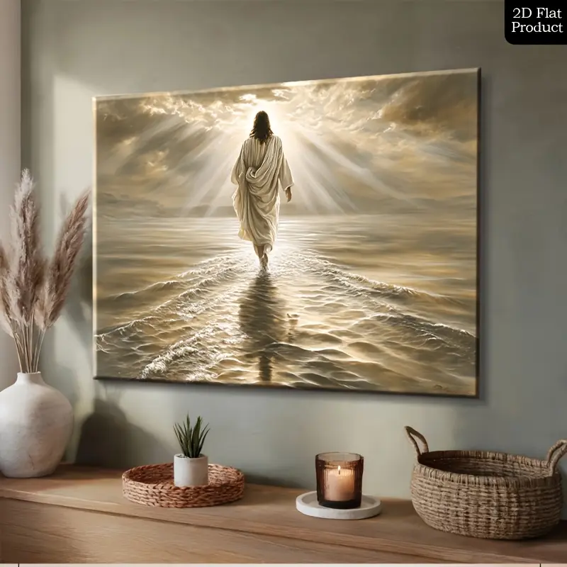 Artistic Hyperrealism Jesus Walking on Water Framed Canvas Print - Multi-Size Pine Wood Frame, Hangable Faith Print, Jesus Christian Figure Graphic Arts, Ready-to-Hang Wall Decor for Living Rooms, Church Gifts, Jesus Figure Graphic Wall Arts