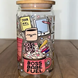 Boss Lady Fuel 16oz Libbey Glass Tumbler Cup with Bamboo Lid & Straw Drinkware