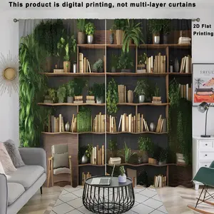 1 set of 2 pieces, 2D flat storage bookshelf curtains, fashionable green plant and potted plant patterns, semi transparent, pole pocket style, suitable for living rooms, bedrooms, study rooms, kitchens, home decoration curtains, anti privacy, easy to clea