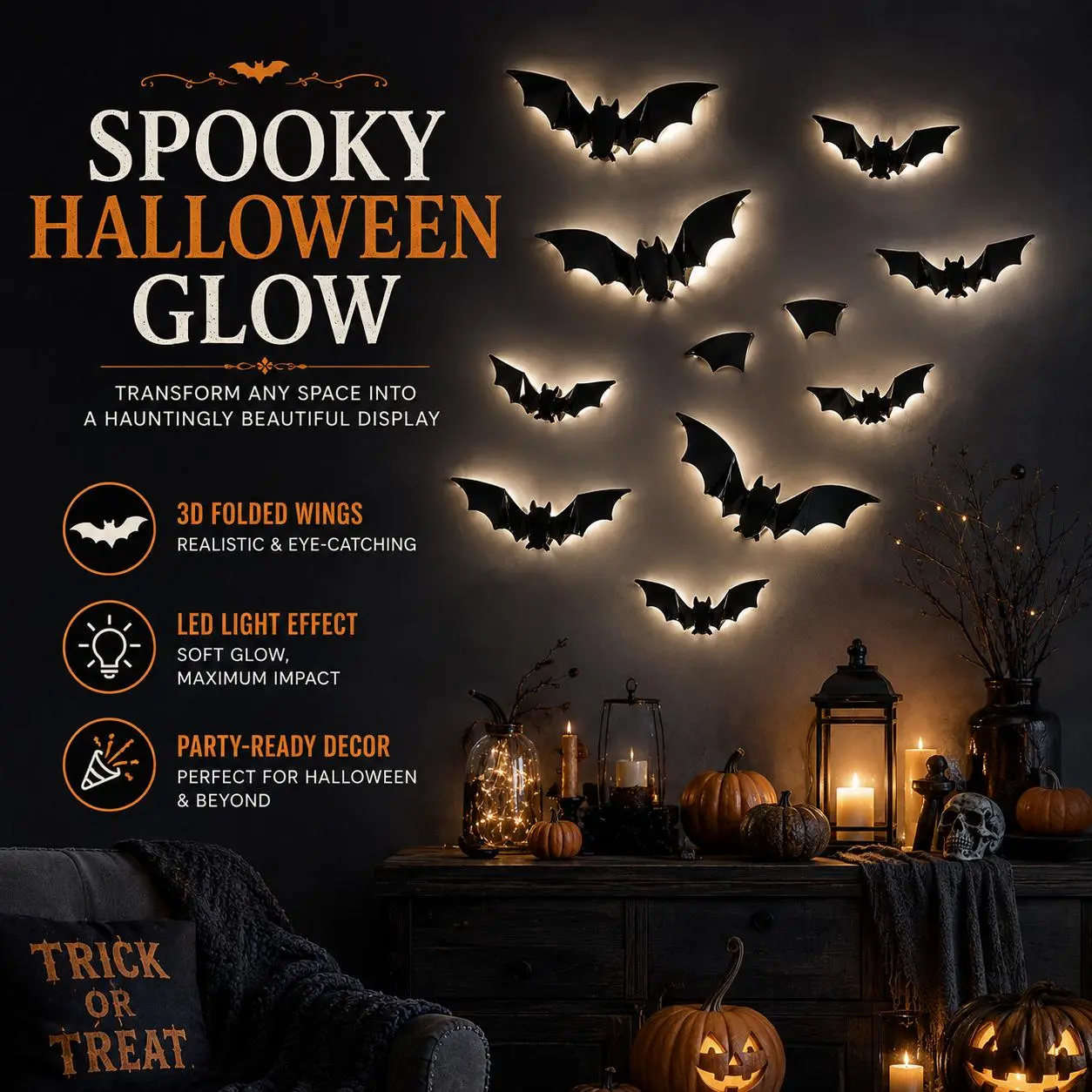 12pcs/24pcs Battery-Powered 3D Bat LED Halloween Decor, Bendable Bubble-Free Wall Stickers, Easy-Install Glowing Indoor Ornaments for Home, Party, Halloween Decorations