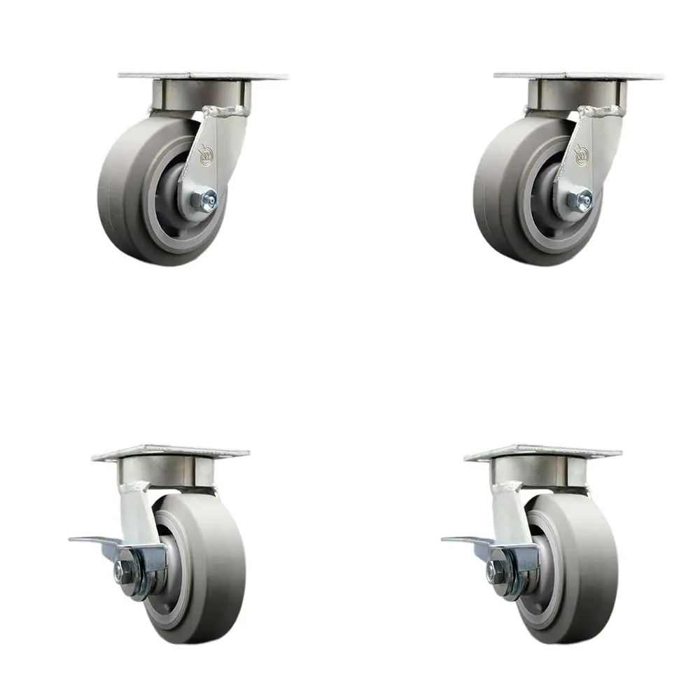 Service Caster SCC-KP30S520-TPRBF-2-SLB-2 Kingpinless Swivel Metal Ball Casters, 5 in. TPR Flat Tread Wheels with Ball Bearings, 2 Braked Swivels, 1400 lbs High Capacity Set of 4 for Dollies,Drywall Carts,Freight Terminals,Easy Rolling Under Heavy Loads