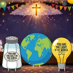 3pcs VBS 2026 Decorations 23.6 Inch Illumination Themed Cardboard Cutout Stand Ups VBS Event Entrance Decor Christian Vacation Bible School Photo Props for Backdrop Religious Illuminati