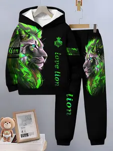 Boys Fashion Lion Pattern 3D Printed Hoodie Set, Long Sleeve Sports Wear, Spring Fall Winter Outdoor Hooded Sweatshirts