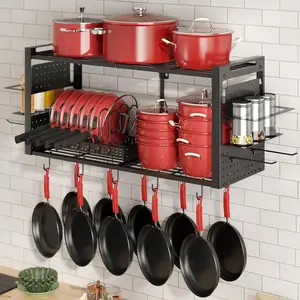31 Inch Black 3-in-1 Wall Mounted Pot Rack, Heavy Duty Hanging Pot Hanger with 2 Tier Kitchen Racks, Pot Lid Organizer Holder and 20 Hooks for Kitchen Cookware Utensils