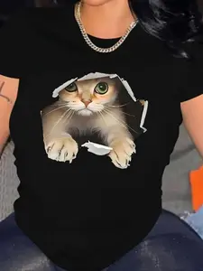 Women's Cute Cat Print Round Neck Tee, Fashion Chic Casual Crew Neck T-Shirt for Daily Holiday Vacation Outdoor Wear, Ladies Clothes for Summer