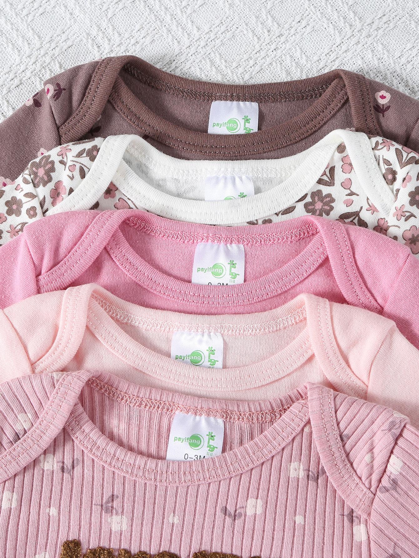 5-piece set of baby girl jumpsuits, baby cotton short sleeved dresses, and essential clothing items suitable for elegant floral styles of baby girls