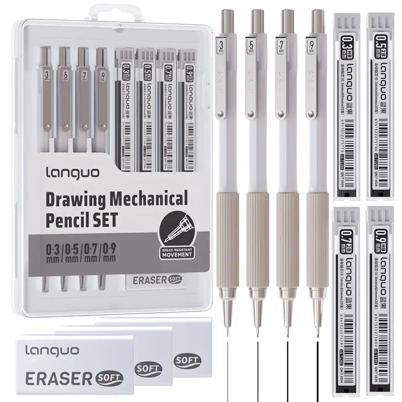 Metal Mechanical Pencil Set,Retractable pen tip,Anti-break core,4PCS Art Drafting Pencils0.3, 0.5, 0.7, 0.9MM with 80PCS Leads Refills 3PCS Erasers Case for Writing Sketching Drawing Writing Stationery Multifunctional Stationery Writing Tools