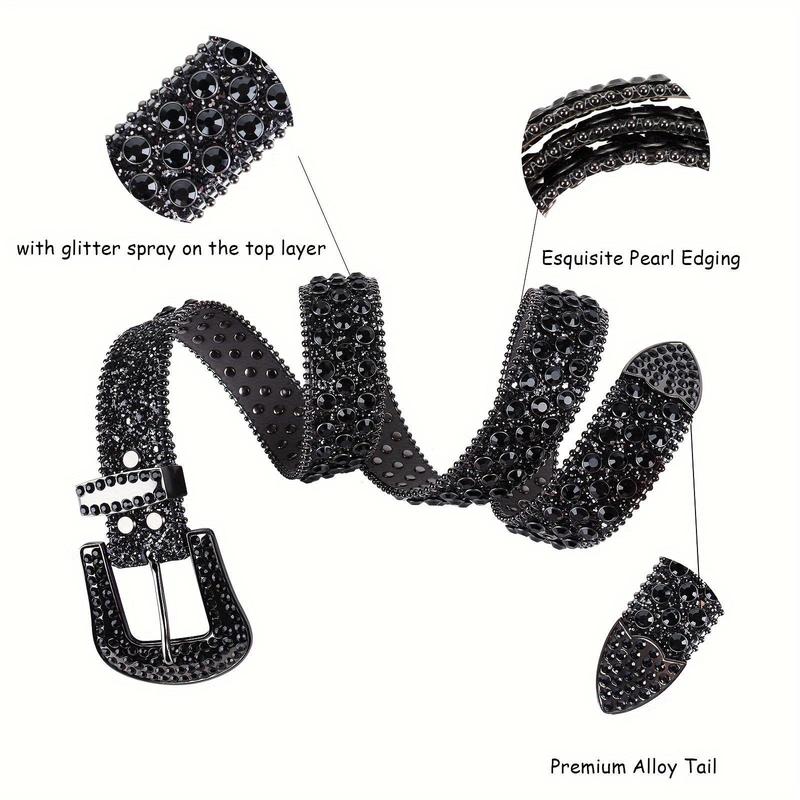 Black Glitter Goth Belt | Matte Leather w/Laser-Cut Rhinestones  Reflective Punk Unisex for Raves & Nightclubs beercaps jas  good  belt goth  belt vintage style pu leather belt