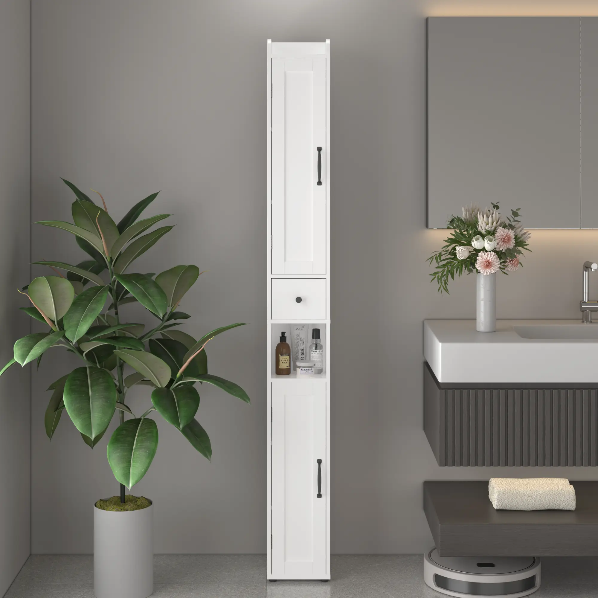 67.51" Tall Bathroom Storage Cabinet with Adjustable Shelves,Slim 2 Doors Freestanding Cabinet with Anti-Tip, Open compartments, for Home, Small Spaces, Bathroom,Kitchen, Living Room, White