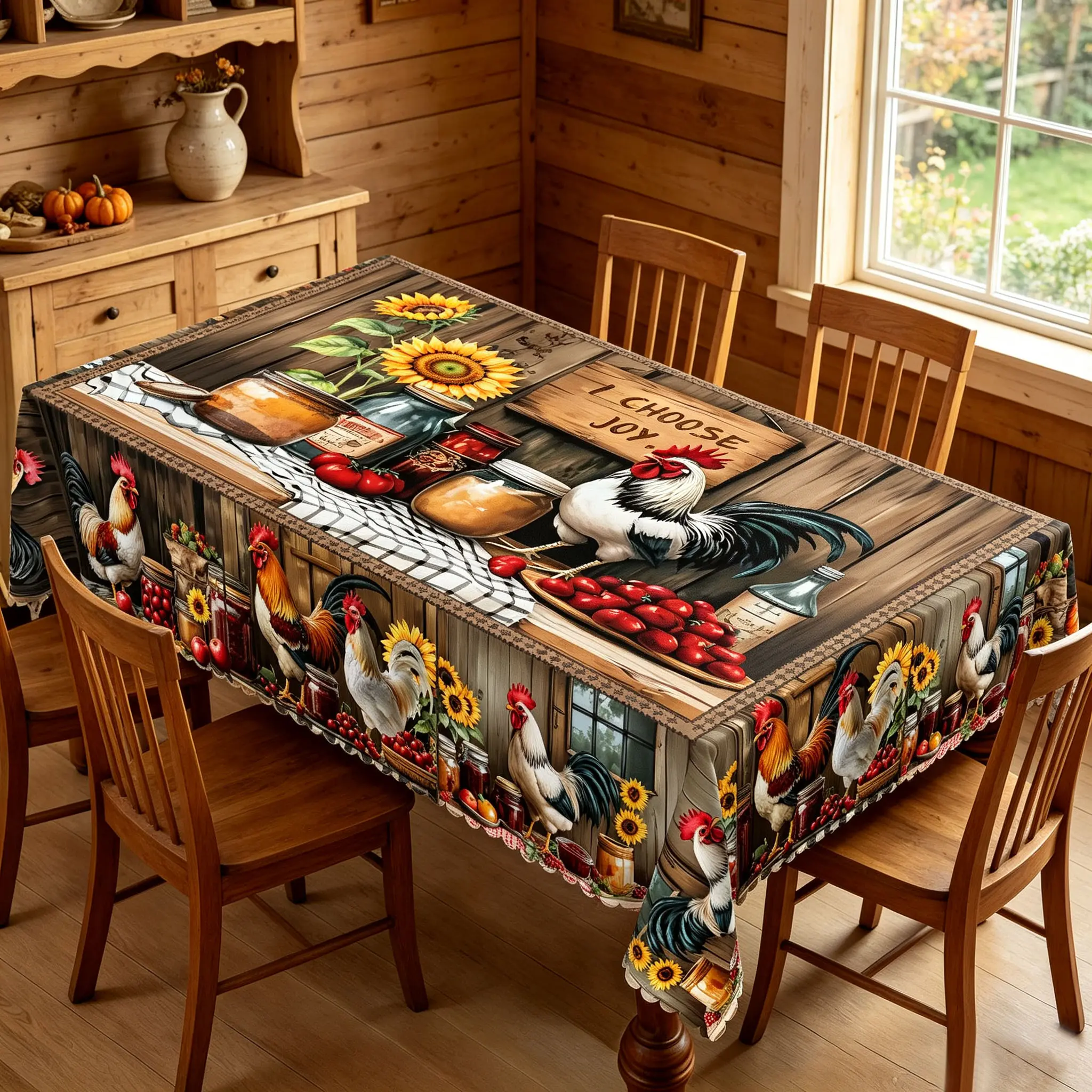 Farmhouse Rooster Tablecloth, Rustic Country Chicken & Sunflower Print Table Cover, Vintage Farmhouse Dining Table Cloth for Kitchen, Dining Room & Home Decor