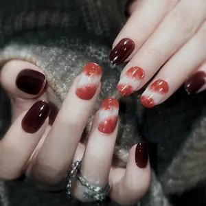 New autumn and winter high-quality press-on nails, finished fake nail patches, wholesale nail pieces Q14Red Press on Nails Glossy Almond Shape Fake Nails Valentines Day Nails for Women