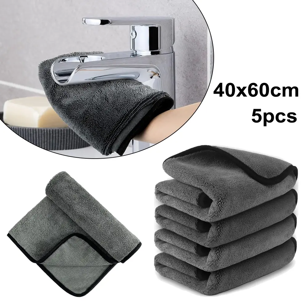 5-Pack Plush Edge Fleece Car Drying Towels, 40x60cm (15.7x23.6in) Soft Texture Twist Yarn Super Absorbent Scratch-Free Quick Dry Washable Detailing Cloths for Auto Cleaning, Multipack