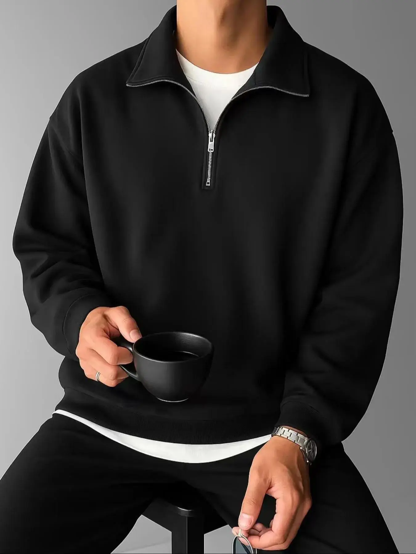 Men's autumn and winter velvet half zipper 50% cotton 50% polyester fiber composite hoodie，Casual Basic Knitwear, Old Money Zipper Half Button Design, Casual Versatile Sweater Pullover, Essential for Man's Wardrobe