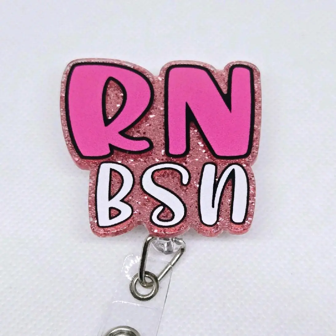 RN BSN Registered Nurse Pink Glitter Acrylic Retractable Badge ID Reel Belt or Alligator Clip hospital worker