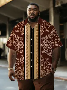 Men's Gold Baroque Print Shirt, Vintage Luxury Plus Size, Summer Breathable Casual Daily Wear, Loose-Fitting All over Print Shirt