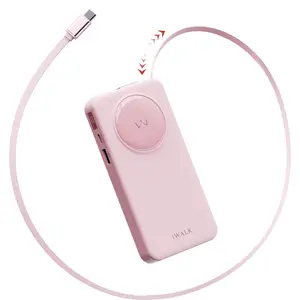 iWALK 10000mAh Compact Power Bank, 30W PD Retractable USB-C Fast Charging Charger for iPhone 16/15 Pro Max, Samsung Galaxy, Pixel, MacBook Air, Pink Cable Smartphone Portable Rechargeable Battery Lightweight Rechargeable