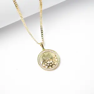 14K Laminated Gold Clock Pendant Necklace with CZ Border 2mm Chain Available in 16 18 22 Inches
