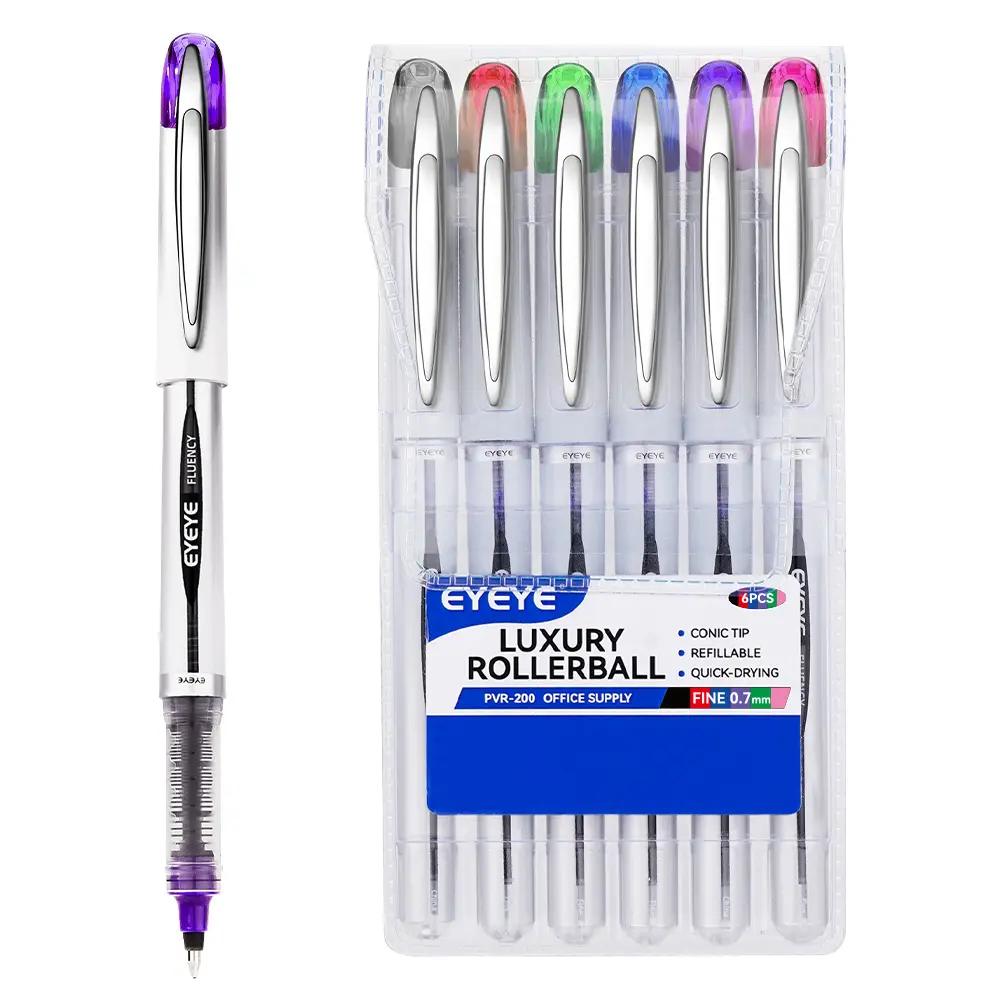EYEYE PVR200 0.7mm Medium Point Quick-Dry Liquid Ink Rollerball Pen Set, 6 Assorted Colors, Smooth-Writing Office Stationery Supplies for Office Projects, Journaling,