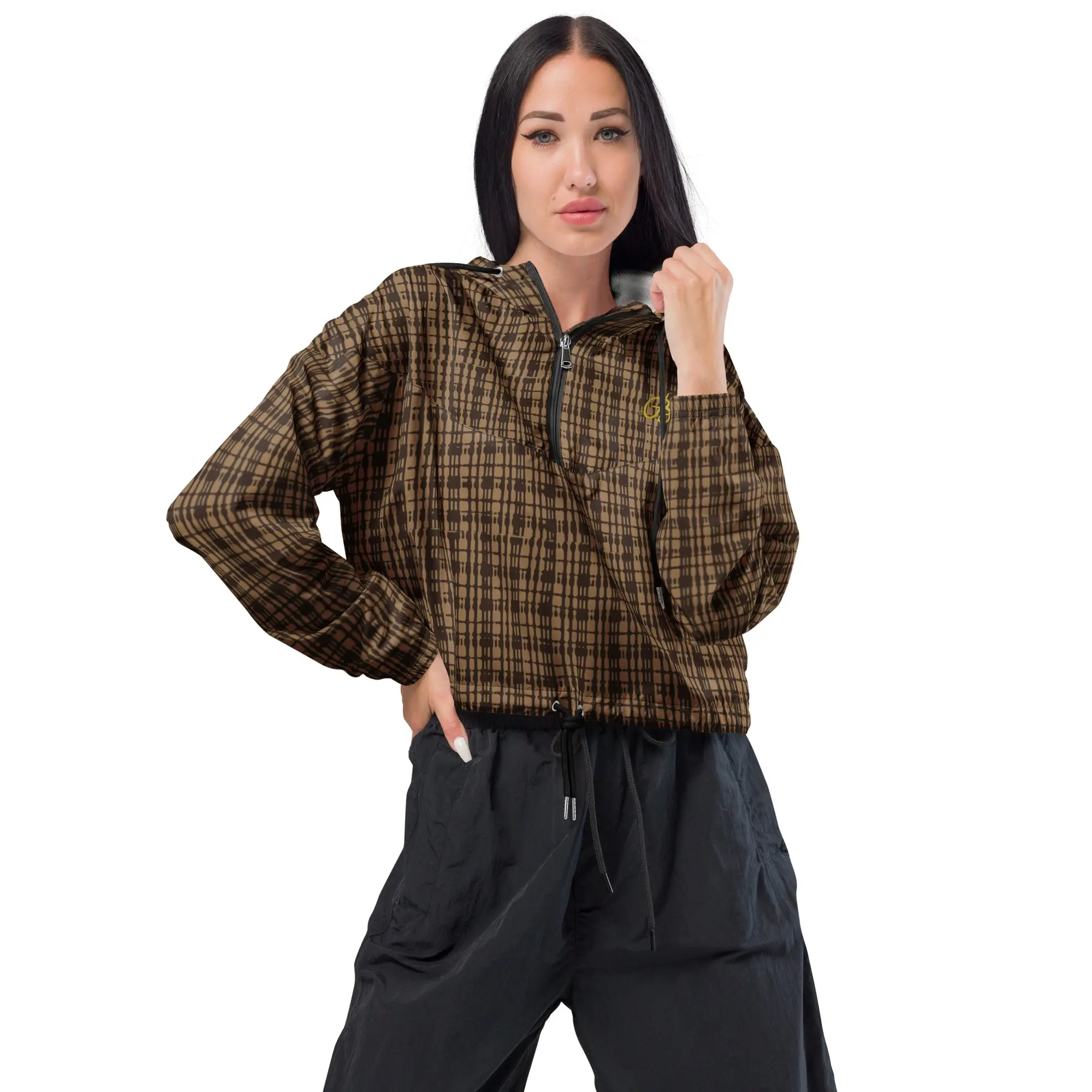 Caramel Plaid Women’s Cropped Windbreaker