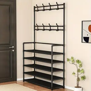 Multi-layer Iron Storage Organizer with 8 Double Hooks, Multifunctional Self-assembled Shoe Rack and Coat Rack, Suitable for Living Rooms, Bathrooms, Corridors
