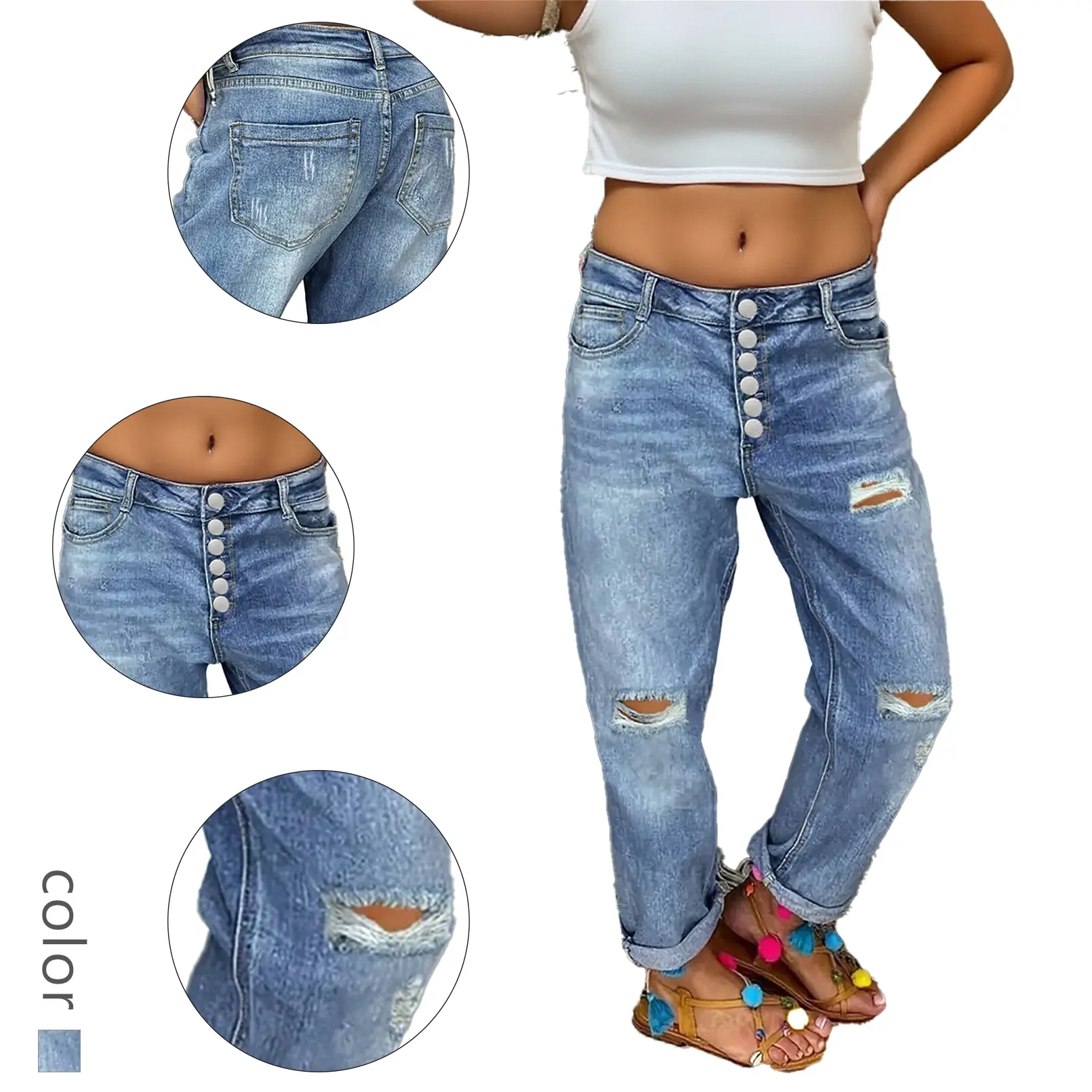 Women's Fashion Light Blue Ripped Jeans - High Waisted Multi-Button Straight-Leg Cropped Denim Pants