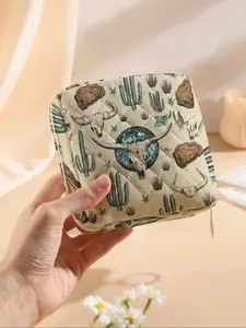Portable Cow Skull Pattern Sanitary Pad Storage Bag, Lightweight Women's Organizer, Travel Cosmetic Box, Casual Style, All Seasons, Makeup Organizer Pouch