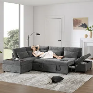 Aobtkel®107'' Sectional Sleeper Sofa Bed with Pull Out Couch, L-shaped with Adjustable Armrest, USB&Type-C Charging, Free Movement Storage Ottoman, Free Combination for Living Room&Apartment, Chenille   WL#Summervibes