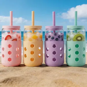Mrsdry Round Glass Cups (4 Pcs, 16oz & 20oz) with Airtight Lids, Straws & Silicone Sleeves - Colorful Reusable Water Bottles & TikTok Viral Beverage Tumblers for Iced Coffee & Smoothies, tumbler，Summer Essential Gift for Coffee Lovers