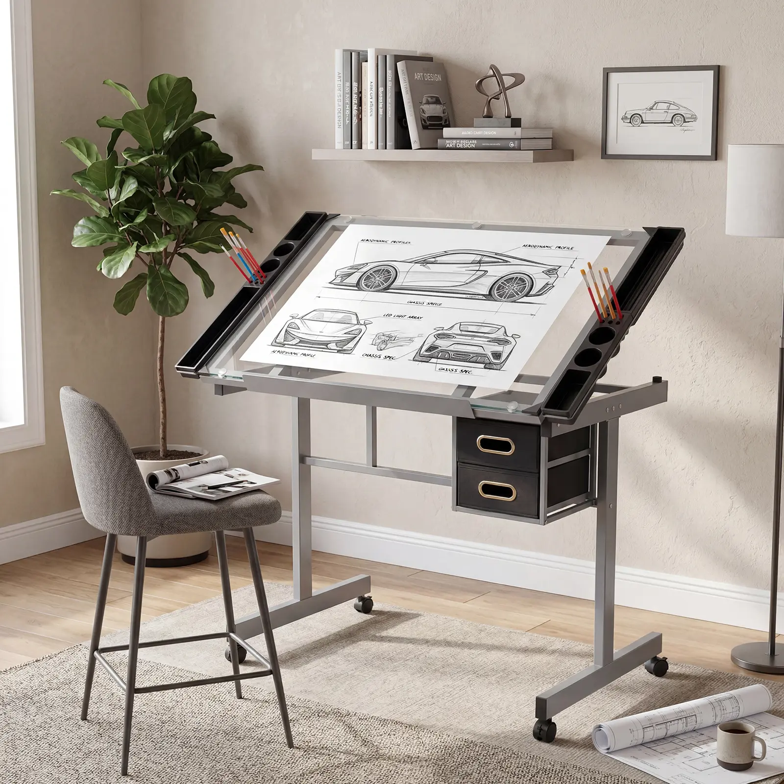 Adjustable Glass Drafting Table – Tilting Desktop Drawing Desk with 4 Rolling Wheels & 2 Drawers – Diamond Art Craft Station for Artists & Painters, Home Office
