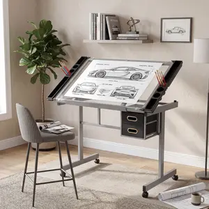 Adjustable Glass Drafting Table – Tilting Desktop Drawing Desk with 4 Rolling Wheels & 2 Drawers – Diamond Art Craft Station for Artists & Painters, Home Office