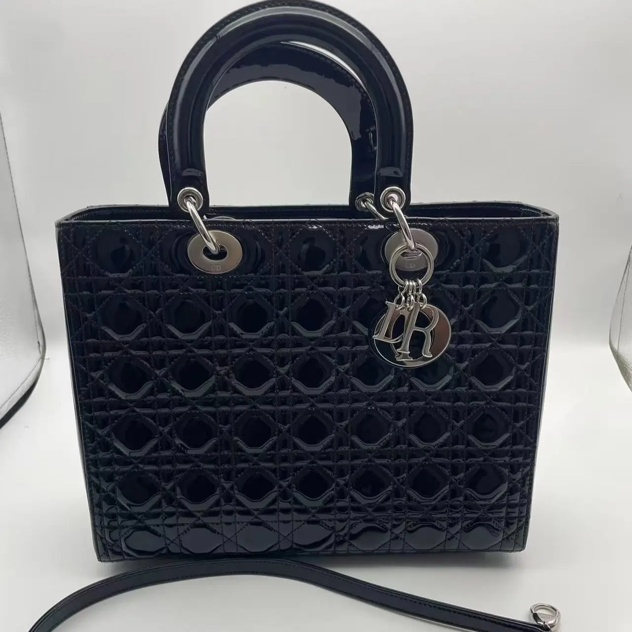 Pre-owned Dior Christian Lady Large Black Patent Cannage Leather Bag