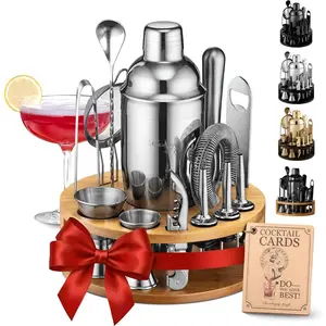 Craft Bartender Kit – 15 Piece Cocktail Shaker Set with Bamboo Stand| Complete Cocktail Kit Gift Set| Top Bartender Gifts for Men & Women| Exclusive Recipe Cards (Silver)
