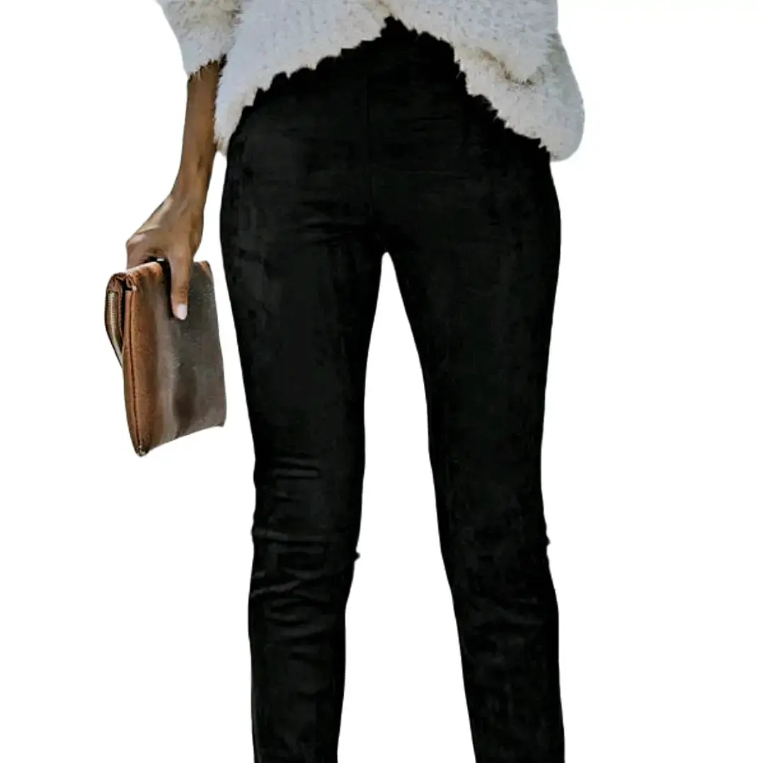Black Faux Suede Skinny Leggings High Waist Slim Fit Casual Women's Bottoms Solid Color Chic Style