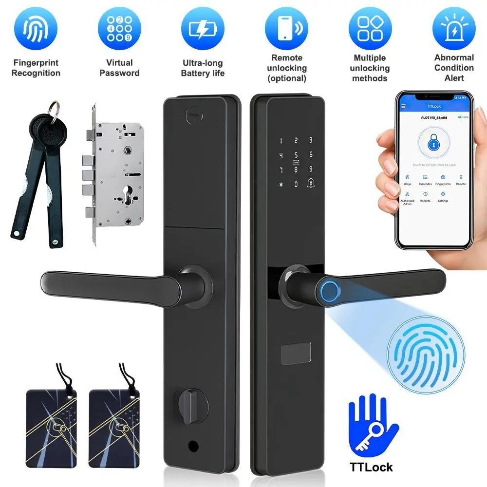 【ToolUpgrade】 7-in-1 Smart Security Lock - Iron Body Keyless Handle with Biometric Fingerprint, Bluetooth, Password, Keypad Entry, Compatible with 60mm Thick Doors, 7-In-1 Lock