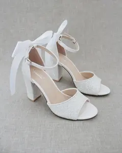 White Rock Glitter Block Heel Sandals with SATIN BACK BOW - Women Wedding Shoes, Bridal Shoes