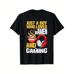Just A Boy Who Loves Ramen And Gaming Game T-Shirt Fashion Trend Men's Pure Cotton Round Neck T-shirt Creative Cool Color Pattern Printing 180g Fabric weight Regular Size S-5XL Cute Eating Ramen Cartoon, All-Season, Family T-shirt