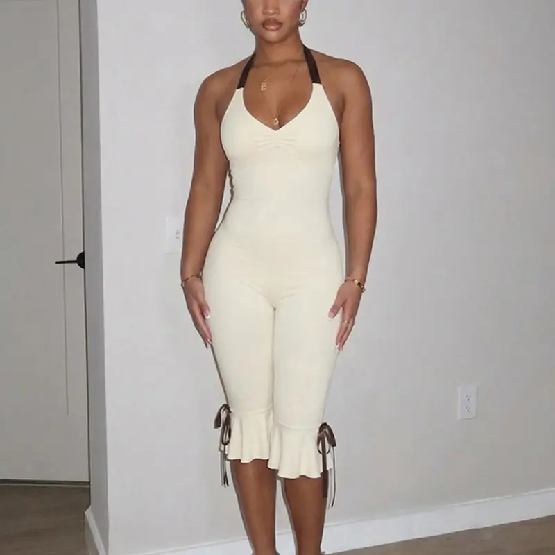 Women's Fashion Chic Fitted Solid Color Backless Halter Fashionable Jumpsuit, Casual Sleeveless Long Bodycon Romper, Stylish Comfortable Clothing