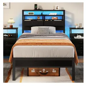 Furologee Twin Size Bed Frame with Headboard and 2 Fabric Drawers Full Platform Bed Featuring LED Lights Built in Charging Station and Storage Shelves Metal Slats No Box Spring Needed Black Oak