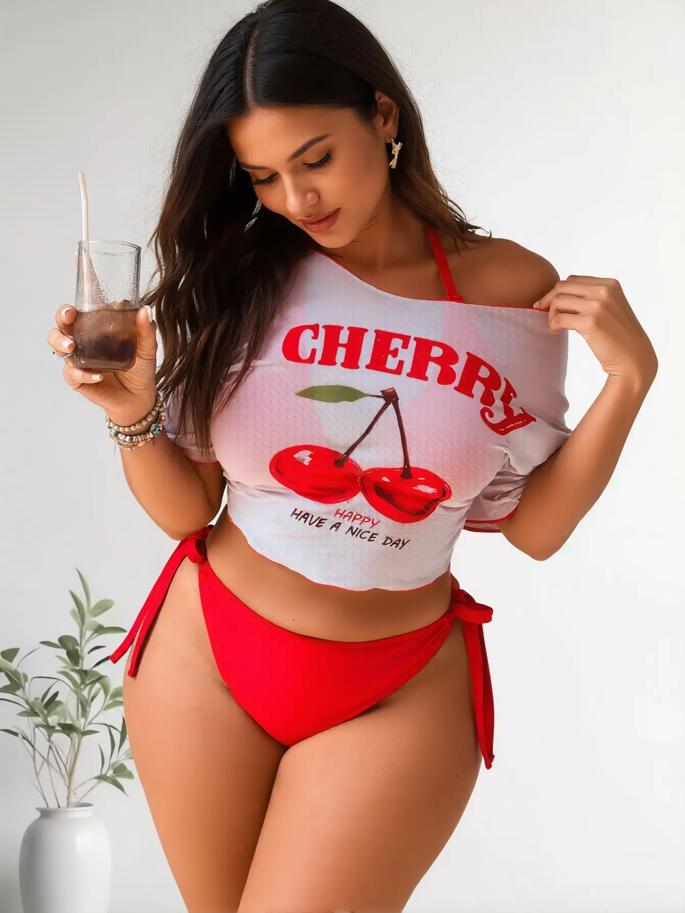 XJN Women's Cherry Print Off Shoulder Crop Top  Red Tie Side Bikini Bottom Two Piece Swimsuit Set, Casual Pool Beach Cover Up Chic Swimwear Set