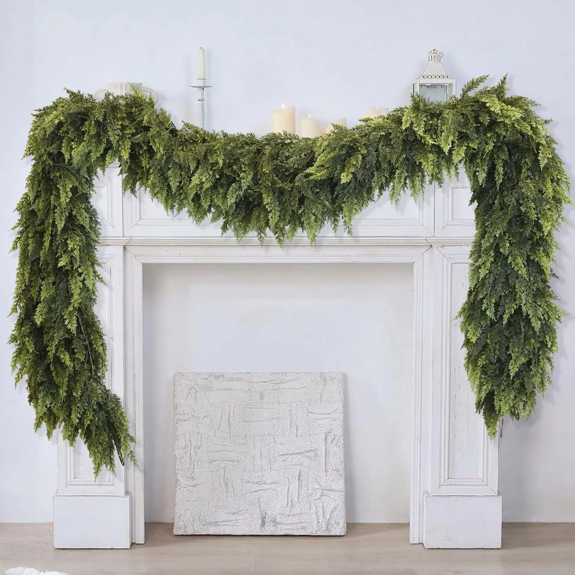 9 FT 2 Pcs Artificial Cedar Garland, Lifelike PE Greenery Garland for Fireplace Mantel, Front Door, Staircase, Wall, Table, Indoor Outdoor Christmas Holiday Decorations