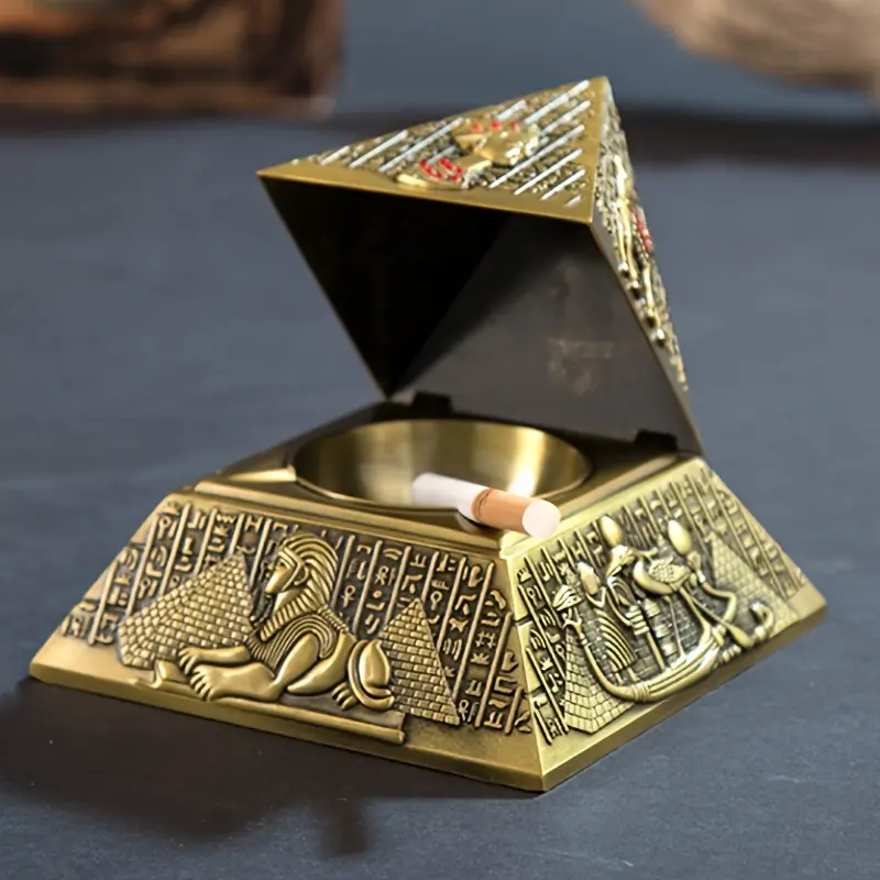 Vintage Egyptian Pharaoh Triangular Metal Ashtray - Pyramid Shape Golden Lighter, Home Supplies Decorative Statue Figurine, Room Accessories for Hotel, Buildings-Themed Home Decor, Cordless