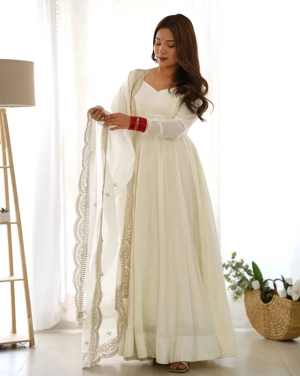 Self Design Chanderi Stitched Anarkali Gown with Embroidered Dupatta