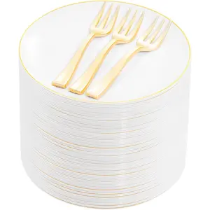 200Pcs Gold Dessert 6.3" with 5"- Small Disposable Dessert/Appetize/Cake - serve 100 guests include 100Plates 100Forks for Wedding &Birthday &